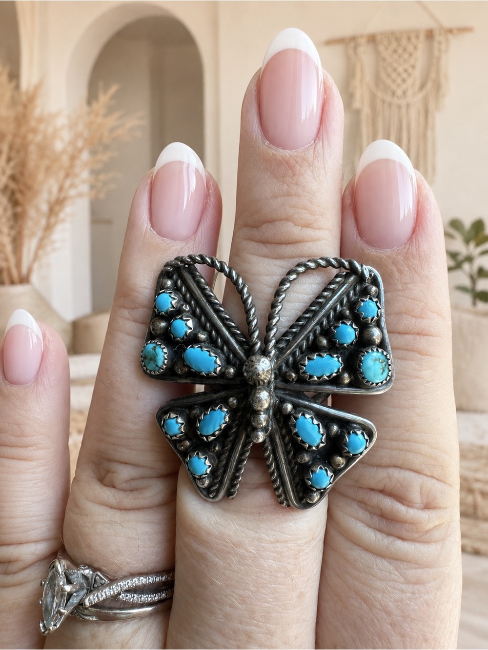 Size 6.5 Vintage Turquoise Sterling Silver Butterfly Ring 🦋